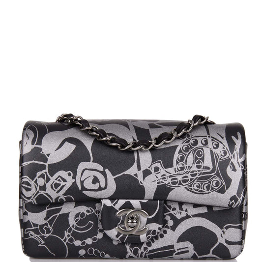 Chanel Mini Rectangular Flap Bag Black and Silver Printed Lambskin Silver Hardware - Fashiono