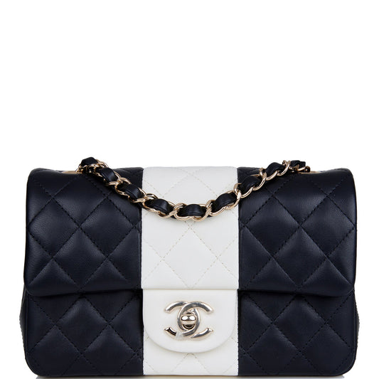 Chanel Mini Rectangular Flap Bag Black and White Lambskin Light Gold Hardware - Fashiono