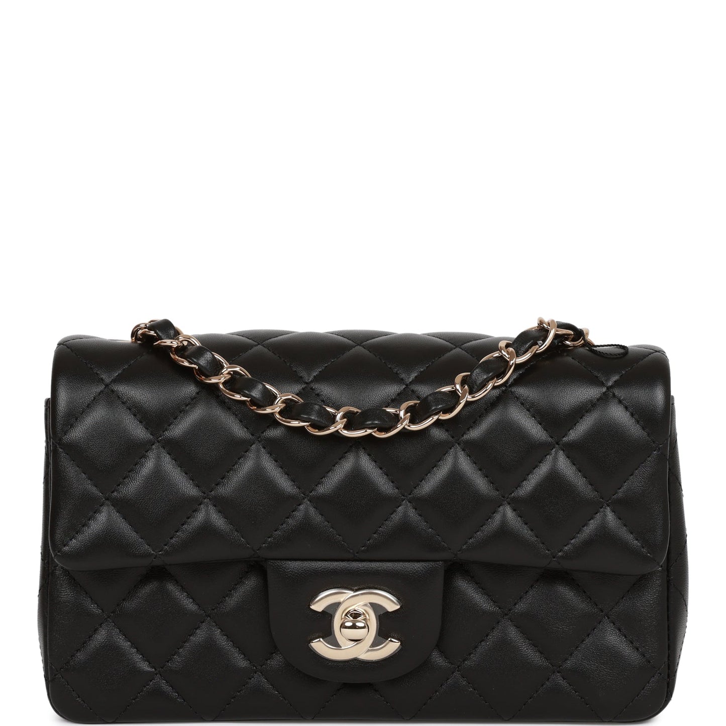 Chanel Mini Rectangular Flap Bag Black Lambskin Light Gold Hardware - Fashiono