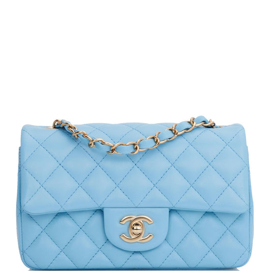 Chanel Mini Rectangular Flap Bag Blue Lambskin Light Gold Hardware - Fashiono