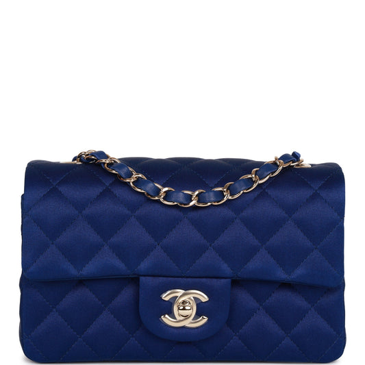 Chanel Mini Rectangular Flap Bag Blue Satin Light Gold Hardware - Fashiono