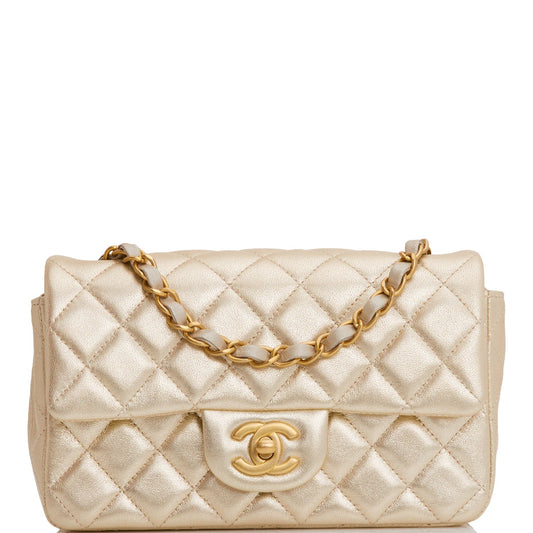 Chanel Mini Rectangular Flap Bag Gold Metallic Goatskin Antique Gold Hardware - Fashiono