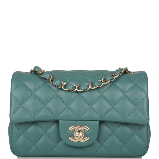 Chanel Mini Rectangular Flap Bag Green Lambskin Light Gold Hardware - Fashiono