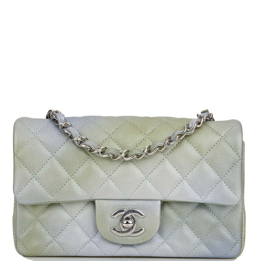 Chanel Mini Rectangular Flap Bag Grey and Green Goatskin Silver Hardware - Fashiono