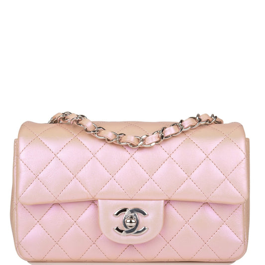 Chanel Mini Rectangular Flap Bag Pink Iridescent Lambskin Silver Hardware - Fashiono