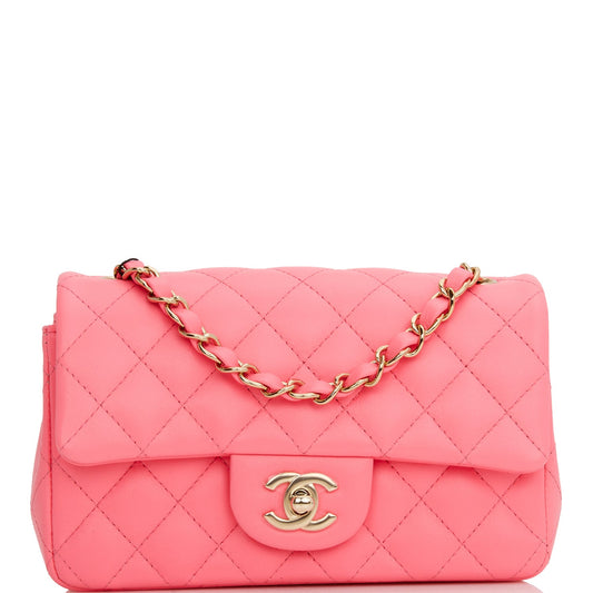 Chanel Mini Rectangular Flap Bag Pink Lambskin Light Gold Hardware - Fashiono