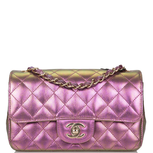 Chanel Mini Rectangular Flap Bag Purple Iridescent Lambskin Light Gold Hardware - Fashiono