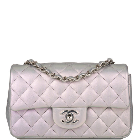 Chanel Mini Rectangular Flap Bag Purple Iridescent Quilted Lambskin Silver Hardware - Fashiono