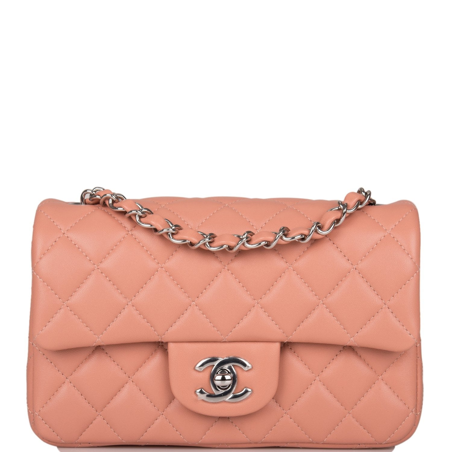 Chanel Mini Rectangular Flap Bag Rose Lambskin Silver Hardware - Fashiono