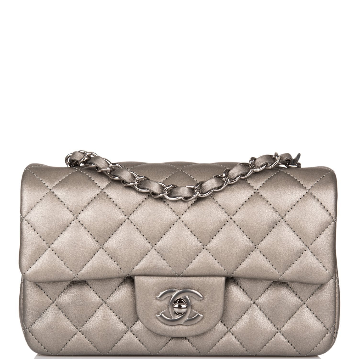 Chanel Mini Rectangular Flap Bag Ruthenium Metallic Lambskin Silver Hardware - Fashiono