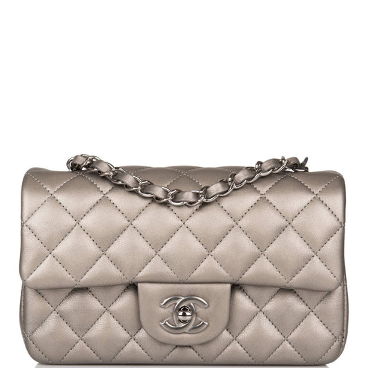 Chanel Mini Rectangular Flap Bag Ruthenium Metallic Lambskin Silver Hardware - Fashiono