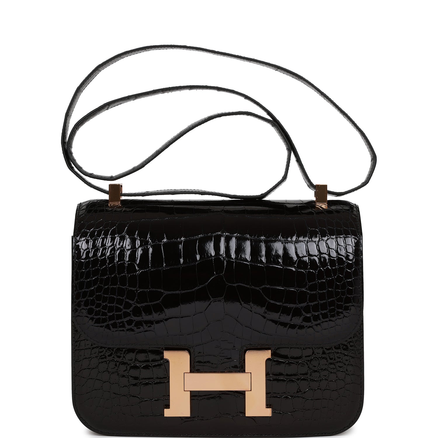 Hermes Constance 24 Black Shiny Alligator Rose Gold Hardware - Fashiono