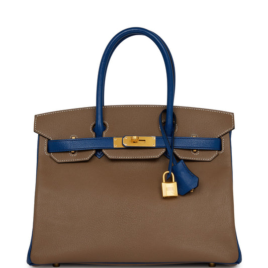 Pre - owned Hermes Special Order (HSS) Birkin 30 Etoupe and Bleu Saphire Chevre Brushed Gold Hardware - Fashiono