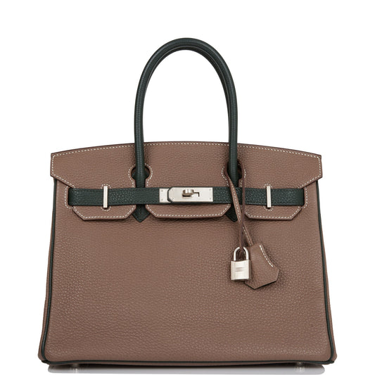 Pre - owned Hermes Special Order (HSS) Birkin 30 Etoupe and Vert Fonce Togo Brushed Palladium Hardware - Fashiono