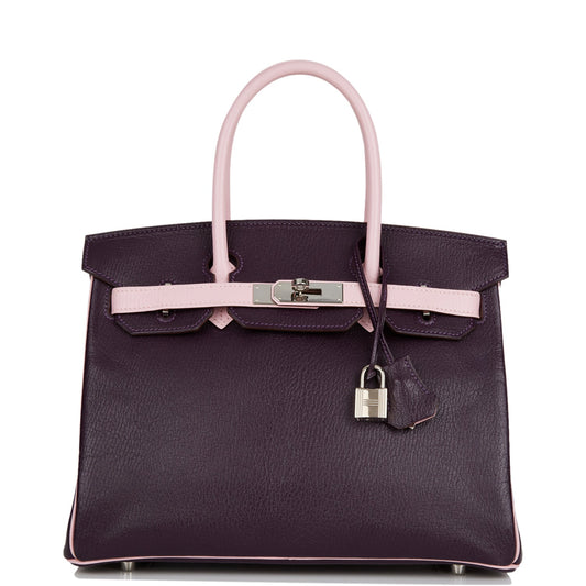 Pre - owned Hermes Special Order (HSS) Birkin 30 Raisin and Rose Sakura Chevre Palladium Hardware - Fashiono