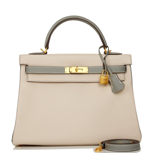 Pre - owned Hermes Special Order (HSS) Kelly Retourne 32 Craie and Gris Mouette Togo Brushed Gold Hardware - Fashiono