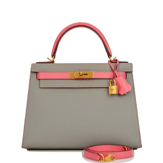 Pre - owned Hermes Special Order (HSS) Kelly Sellier 28 Gris Mouette and Rose Azalee Epsom Brushed Gold Hardware - Fashiono