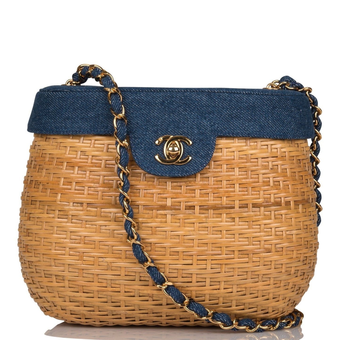 Vintage Chanel Basket Bag Denim and Wicker Gold Hardware - Fashiono