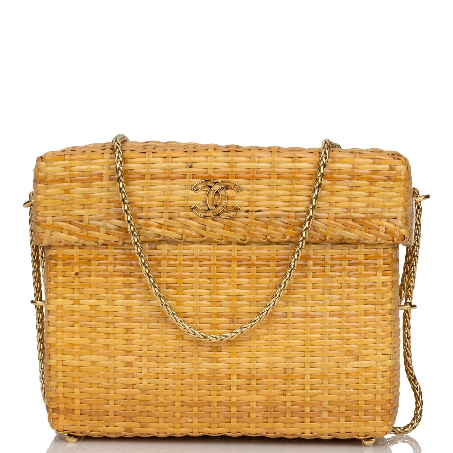 Vintage Chanel Small Picnic Basket Bag Natural Wicker Gold Hardware - Fashiono